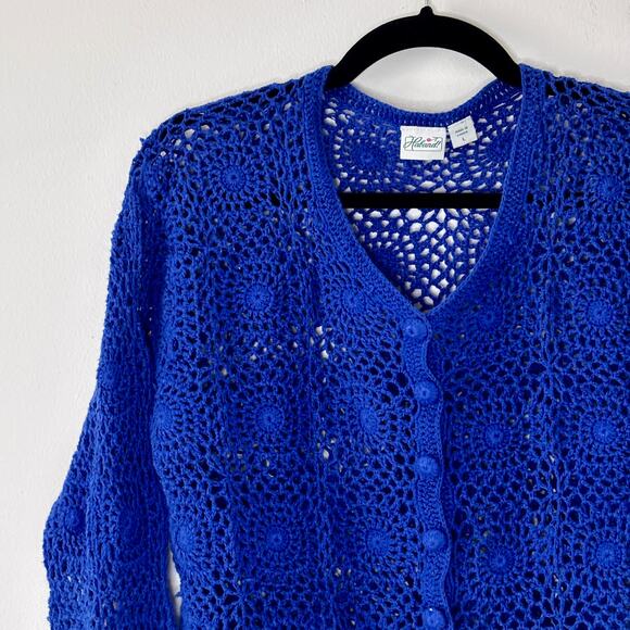 Vintage 1990s Royal Blue Crochet Sweater Haband! Size Large Cotton Blend - Picture 3 of 11